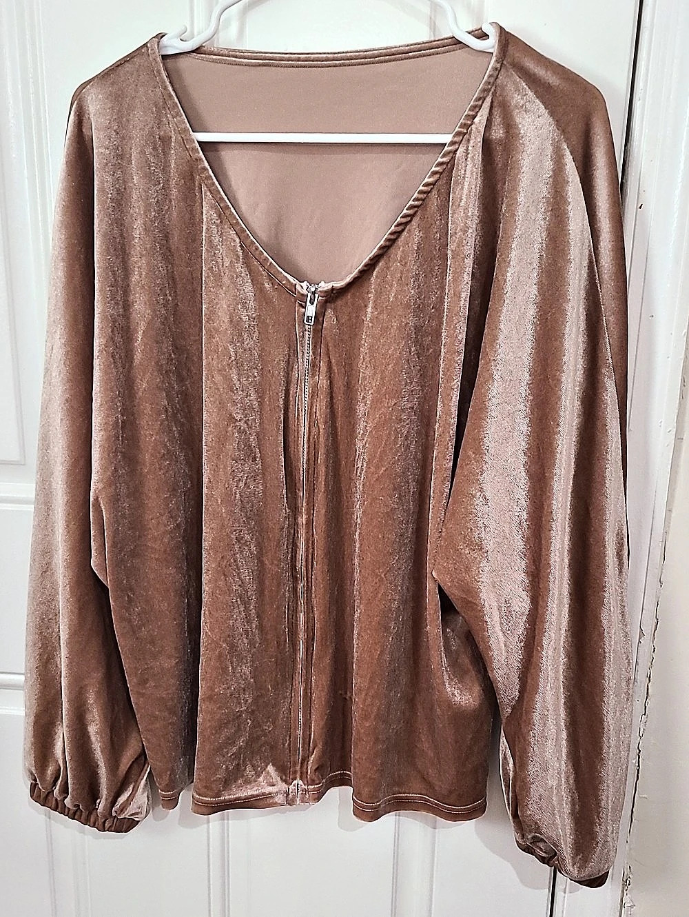Brown Velvet  Long Sleeve Zip Front Blouse